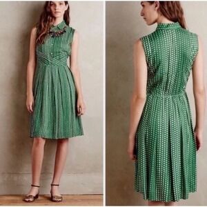NWT Anthropologie TYLHO Green Polka Dot Sleeveless Shirt Dress Midi Waist Tie XS
